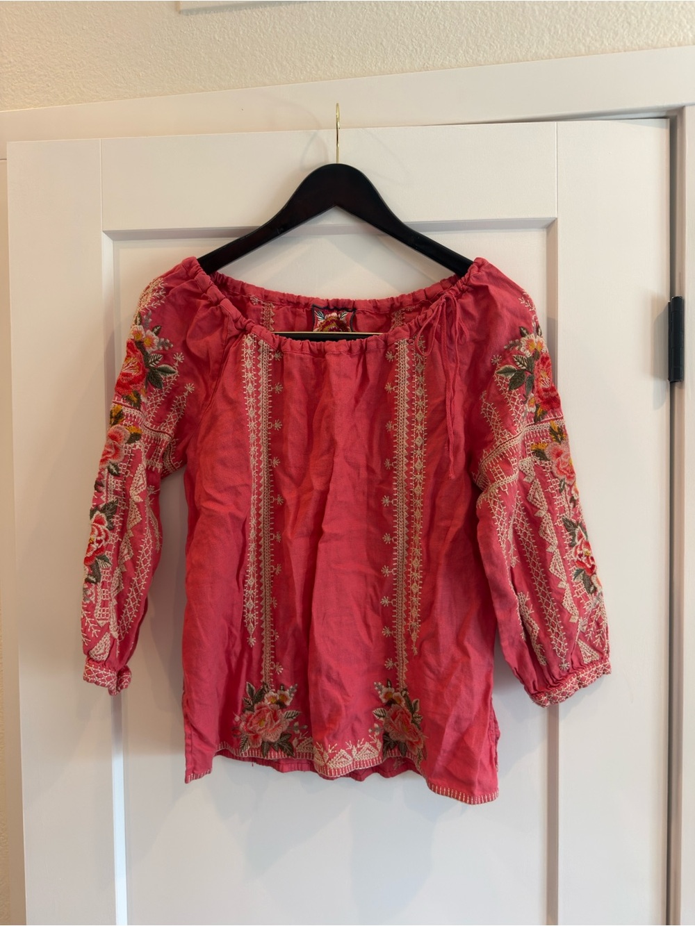 Johnny Was Pink Embroidered Off-Shoulder Peasant Blouse